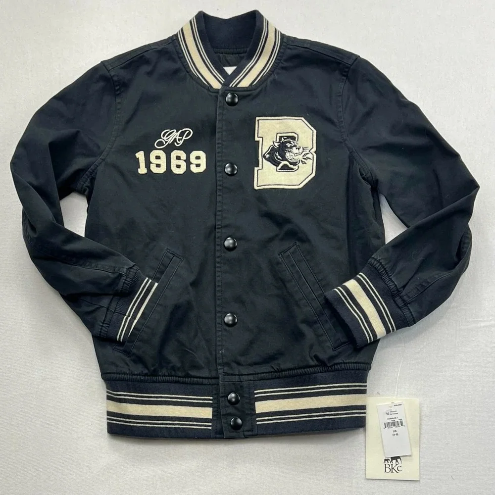 NWT Gap x BKC Kids Boys Black Brooklyn Circus Varsity Jacket Bomber Size XS 4-5
